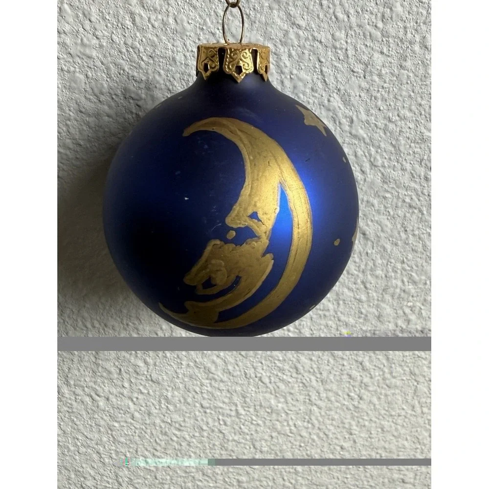 Signed Celestial Moon Stars Hand Painted Blue Glass Ornament Vintage 1993 Studio